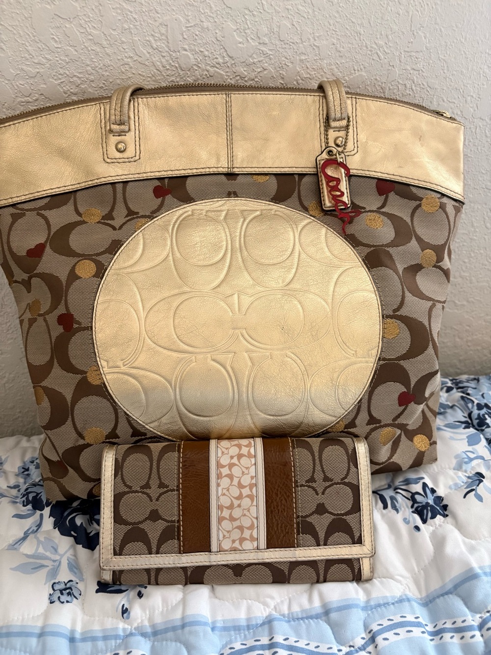 Coach Gold and Signature Canvas Tote with Matching Wallet